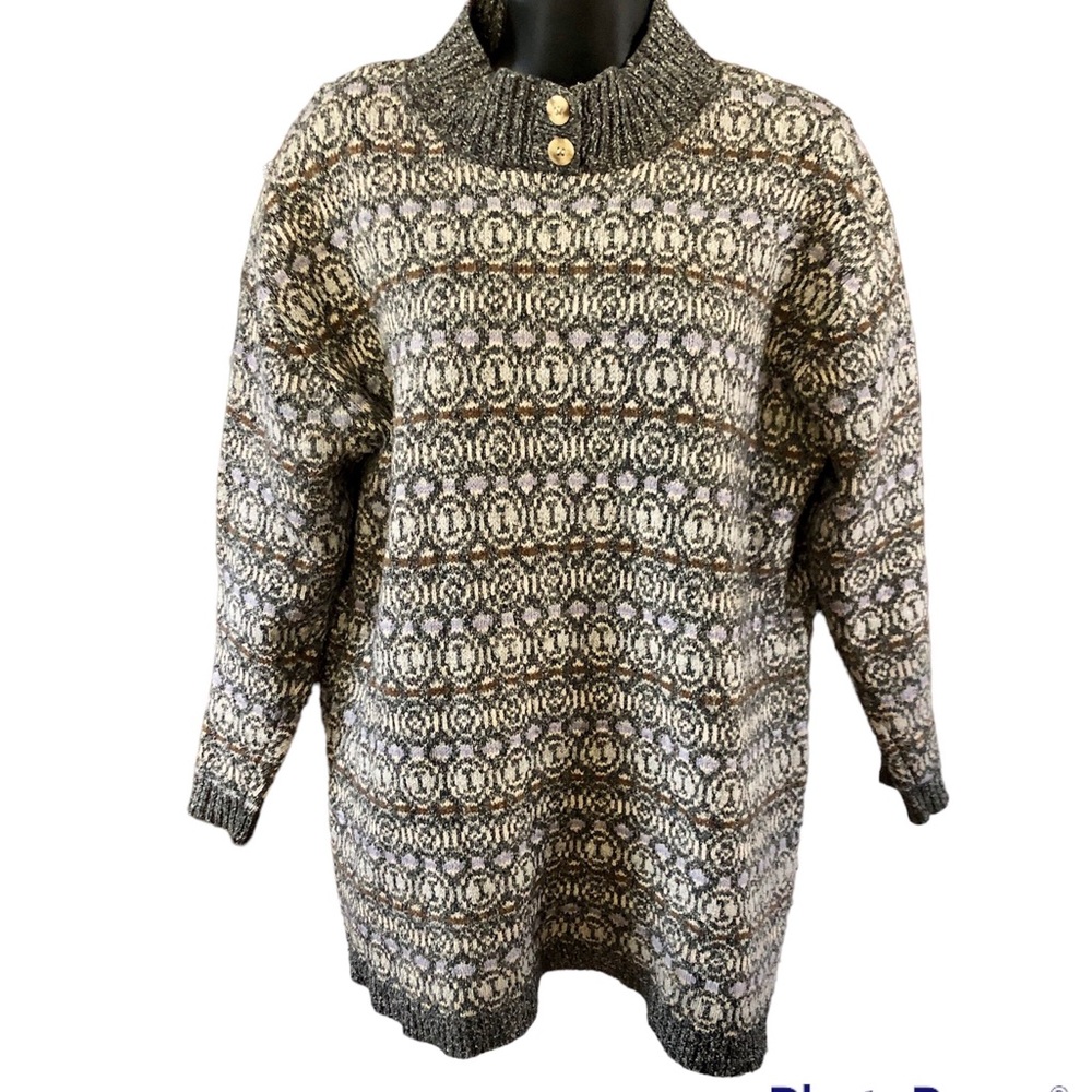 Vintage 80s Sz L Prides Landing Mock Neck Silk Wool Oversized Long Sweater AOP